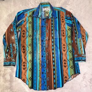 VTG 80s H Bar C California Ranch Wear Aztec Pearl Snap Long Sleeve Western Shirt